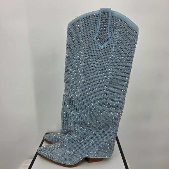 AZALEA WANG Banian Knee High Rhinestone Denim Western Boot 8.5 NWT - Picture 6 of 10